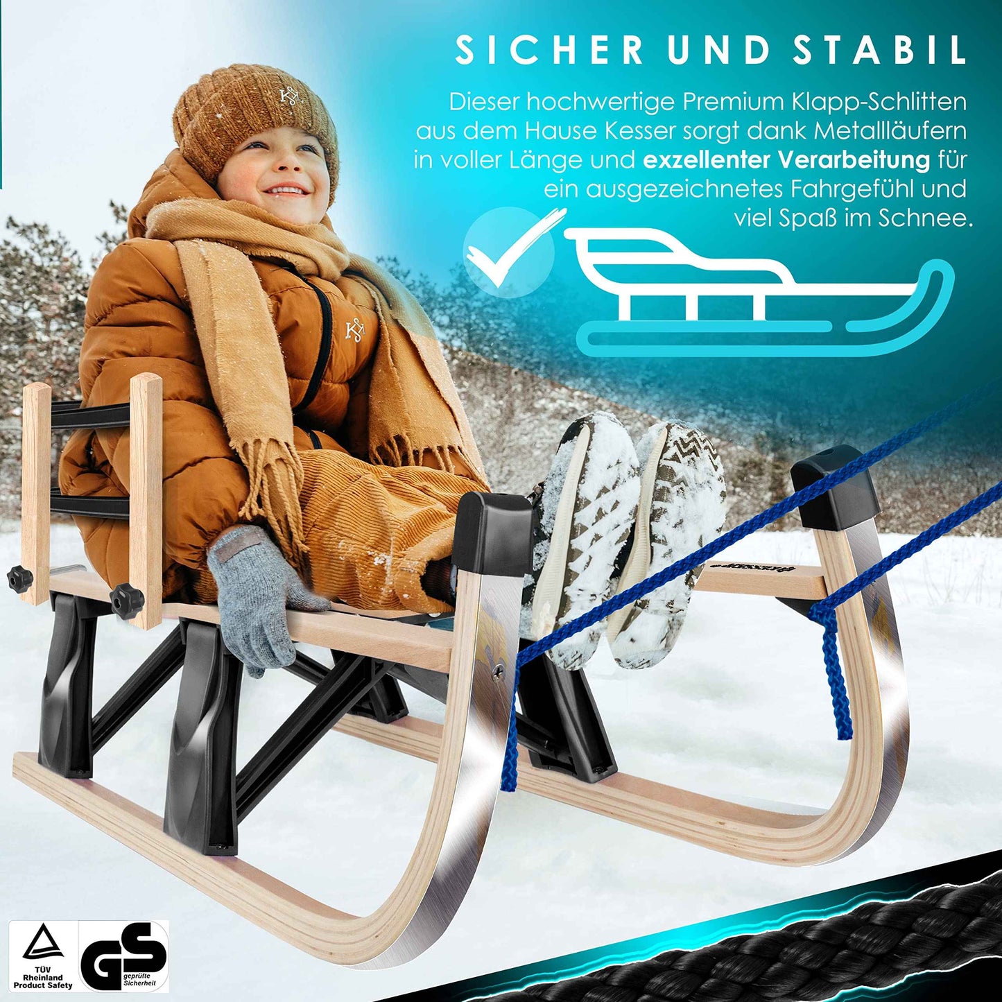 KESSER® Wooden Sledge Premium Children's Folding Sledge Made of Beech Wood Including Pull Rope Slider Metal Runners