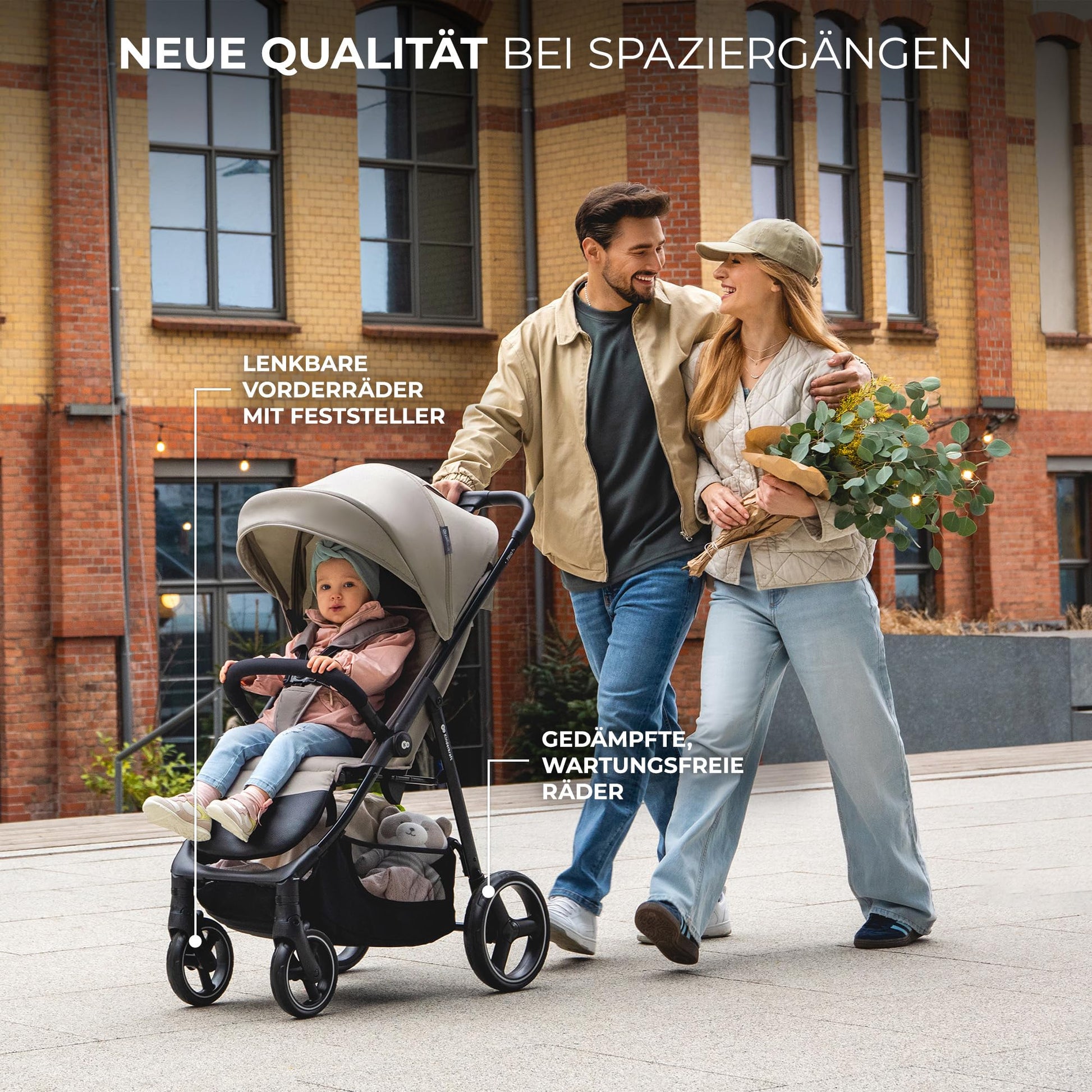 Kinderkraft TRIG 3 Kinderwagen, Kinderbuggy, Liegewagen, Sportwagen, Buggy, Zusammenklappen, Breite und tiefe Sitz, mit Liegeposition, 4 Rad Dämpfung, Große Dach, 5-Punkt-Gurt, bis zu 25 kg, Beige - Meloni2