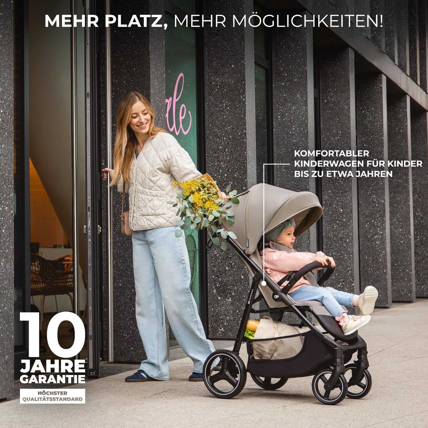 Kinderkraft TRIG 3 Kinderwagen, Kinderbuggy, Liegewagen, Sportwagen, Buggy, Zusammenklappen, Breite und tiefe Sitz, mit Liegeposition, 4 Rad Dämpfung, Große Dach, 5-Punkt-Gurt, bis zu 25 kg, Beige - Meloni2