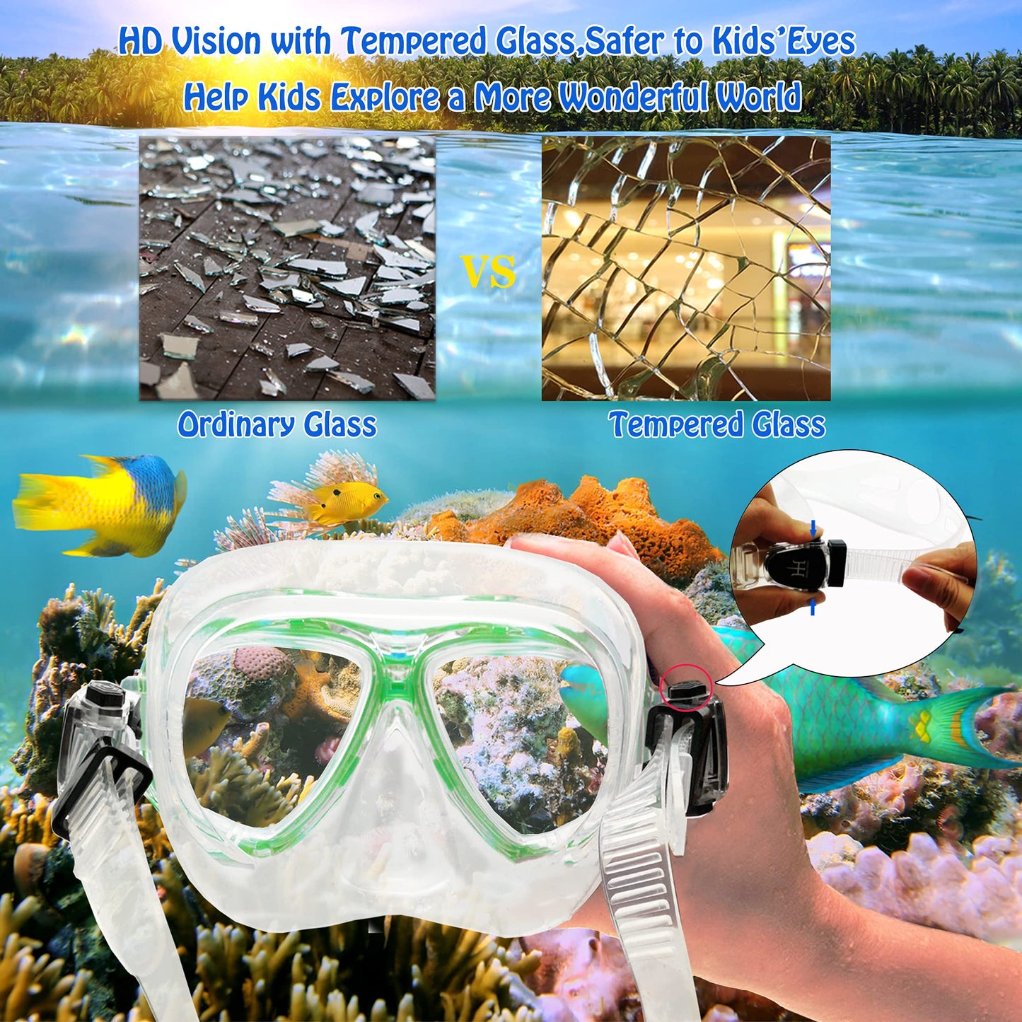 HH HHAO SPORT Children's snorkel set with fins, 180° panorama wide view diving goggles children, adjustable flippers, high-quality diving mask and dry top snorkel