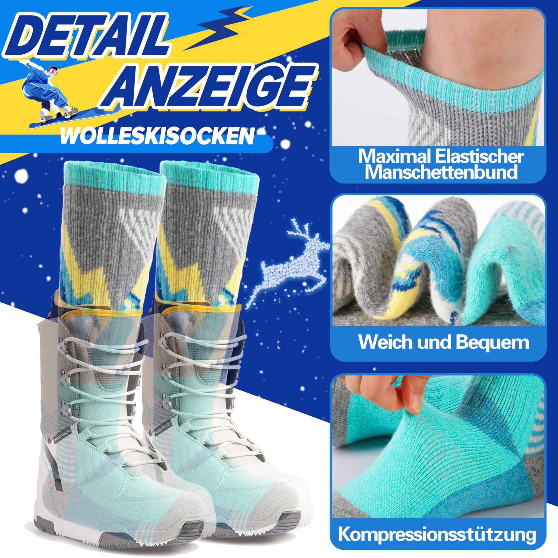 ANTSANG Kinder Merino Woll Skisocken Jungen Mädchen Thermisch Dick Warm Winter Gemütlich Kniehohe Socken zum Skifahren Snowboarden 3 Paar