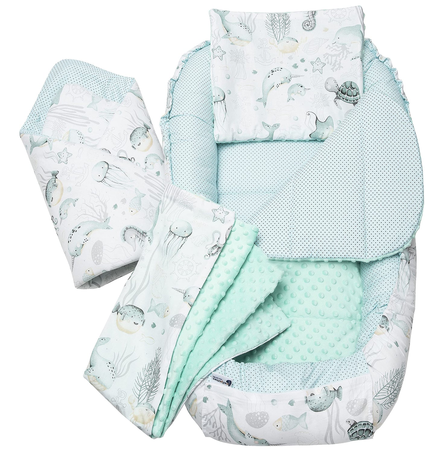Medi Partners Babynestchen Babynest Set 100x60x15 Kuschelnest 5 teilig herausnehmbarer Einsatz Kokon Nestchen Babys Neugeborene 100% Baumwolle (REH mit Grauem Minky) - Meloni2