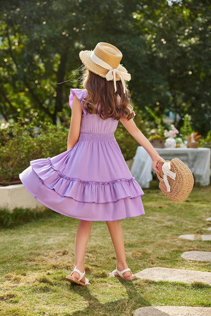 Arshiner Girls Dresses Flutter Sleeves Kids Summer Cotton Formal Dress A-Line Waist Lace-up Casual Dress Swing Dress Elegant Sleeveless Dress for Girls 5-13 Years 