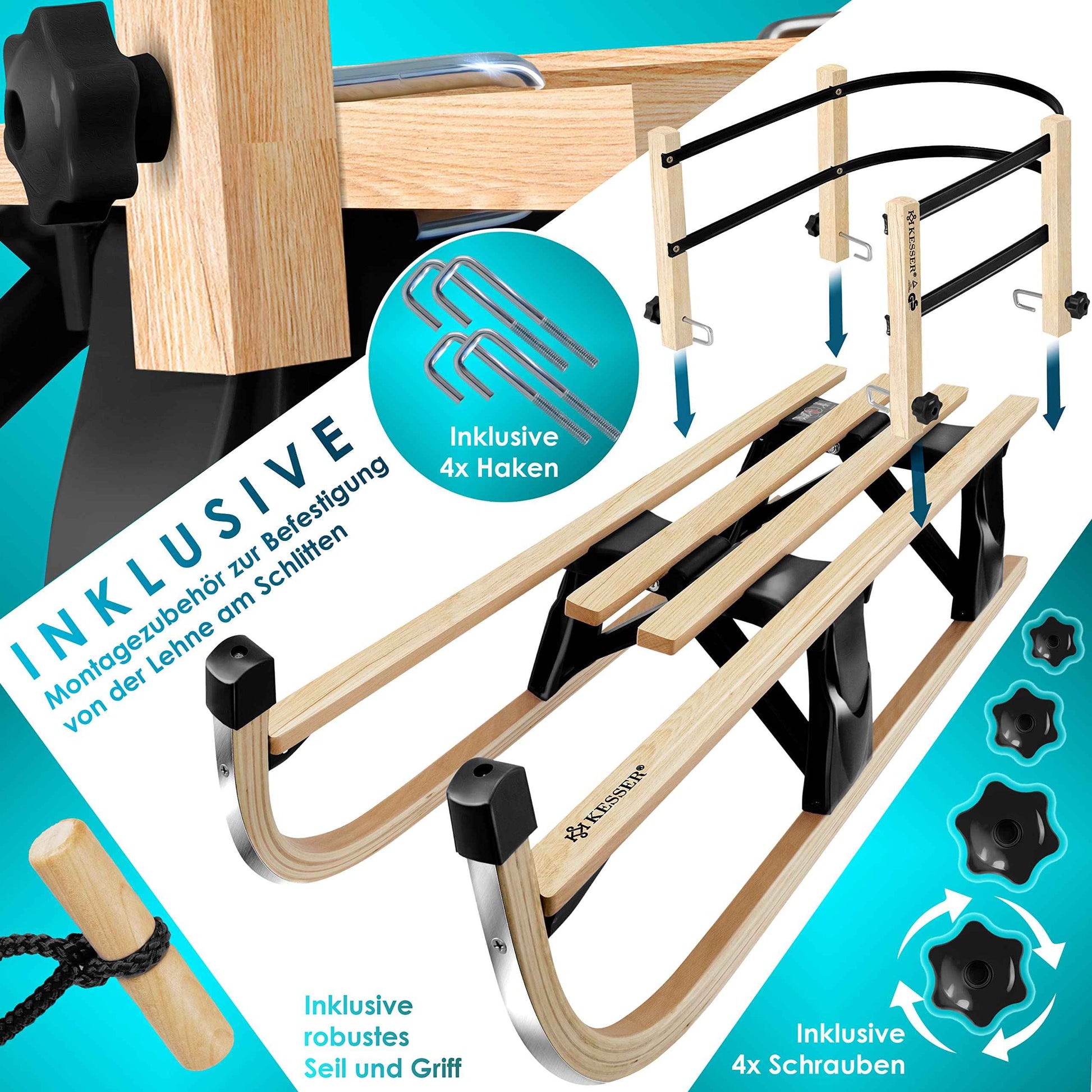 KESSER® Wooden Sledge Premium Children's Folding Sledge Made of Beech Wood Including Pull Rope Slider Metal Runners