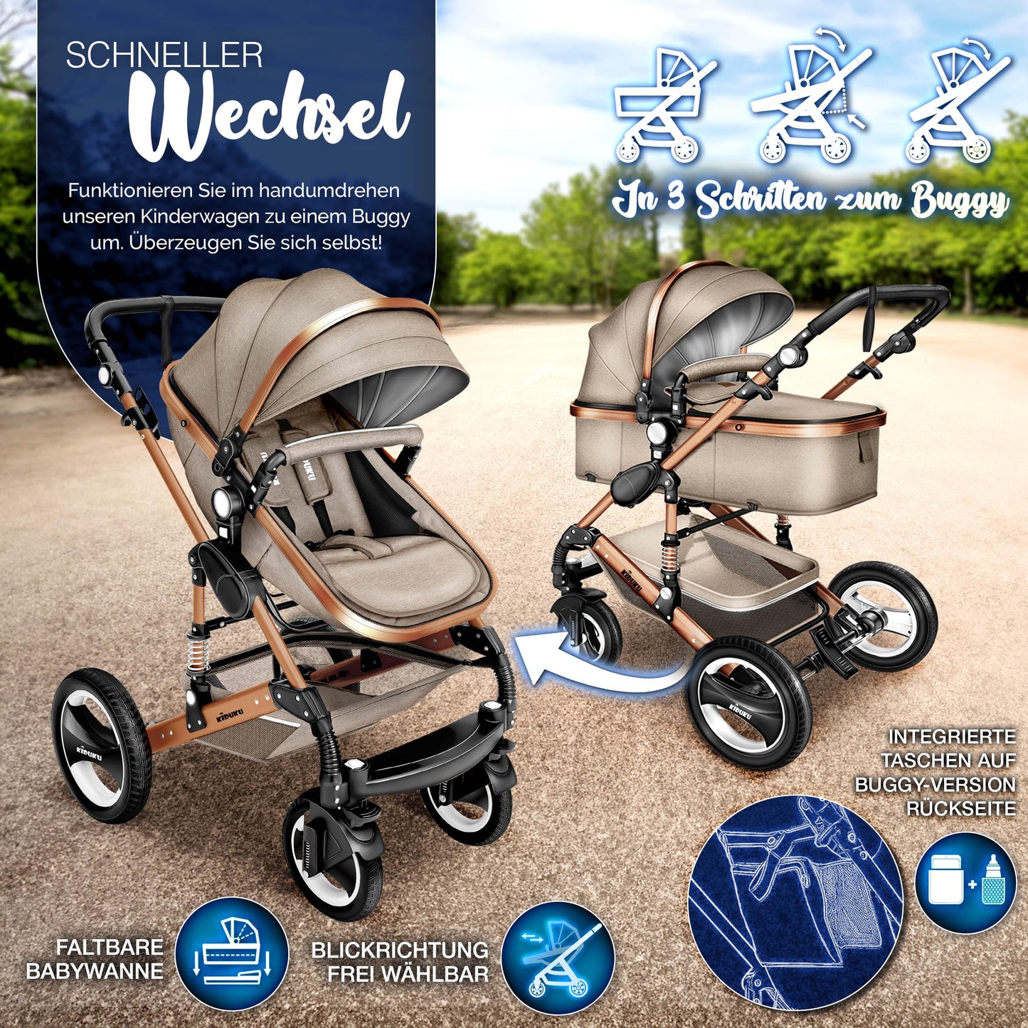 KIDUKU® 3 in 1 Kinderwagen Komplettset | Kombikinderwagen Set inkl. Babywanne & Buggy Sportsitz & Auto-Babyschale Fußsack | Vollgummireifen Wickeltasche Handwärmer Regenschutz Kindertisch ECE R129