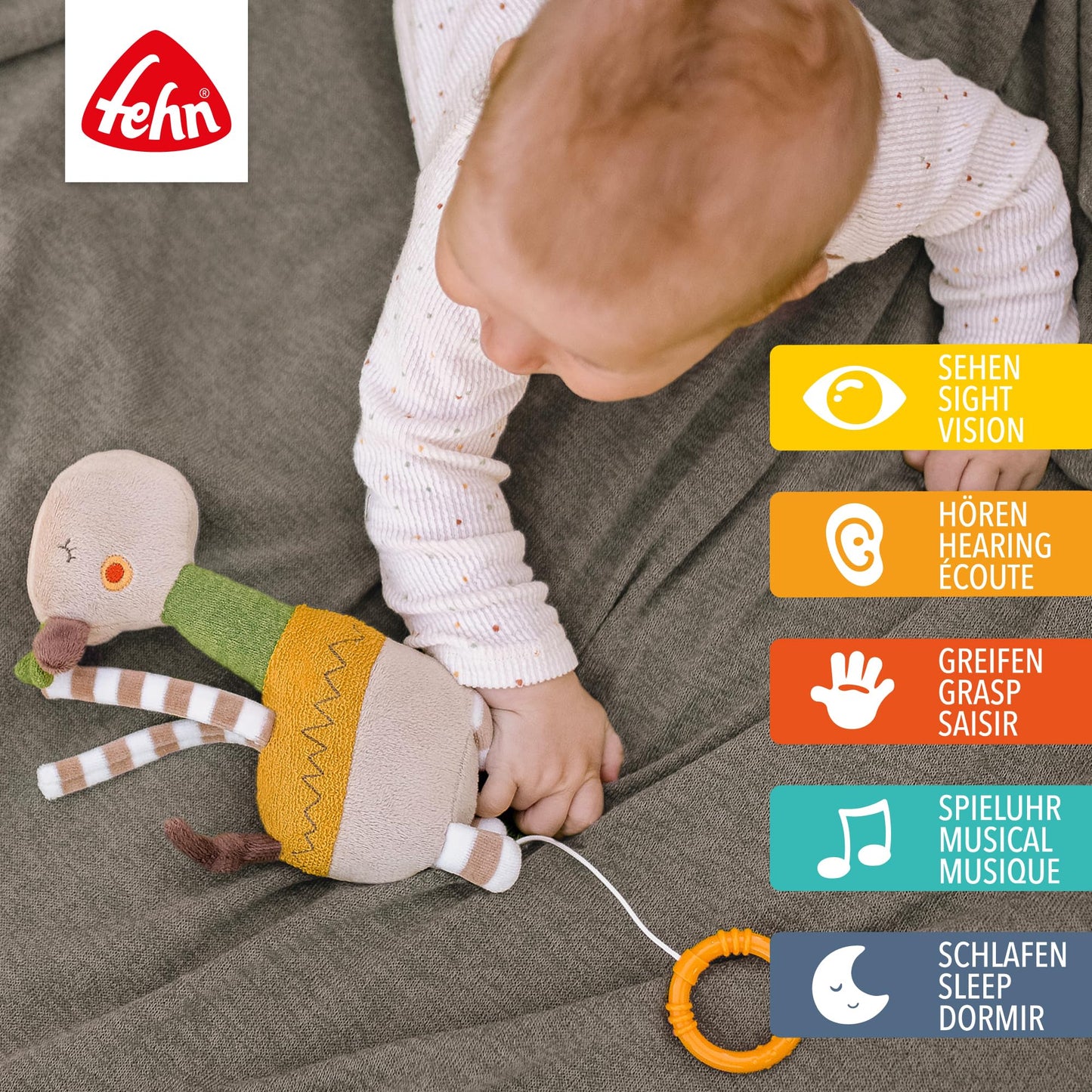 Fehn Mini-Spieluhr Fee – Kuscheltier & Einschlafhilfe: Aufzieh-Spieluhr mit sanfter Melodie „Schwanensee“ beruhigt in jeder Situation – für Babys und Kleinkinder ab 0+ Monaten
