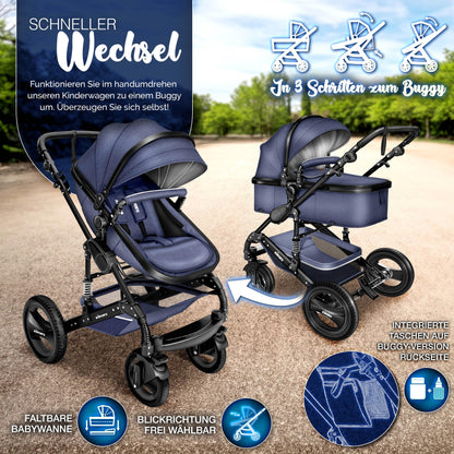 KIDUKU® 3 in 1 Kinderwagen Komplettset | Kombikinderwagen Set inkl. Babywanne & Buggy Sportsitz & Auto-Babyschale Fußsack | Vollgummireifen Wickeltasche Handwärmer Regenschutz Kindertisch ECE R129