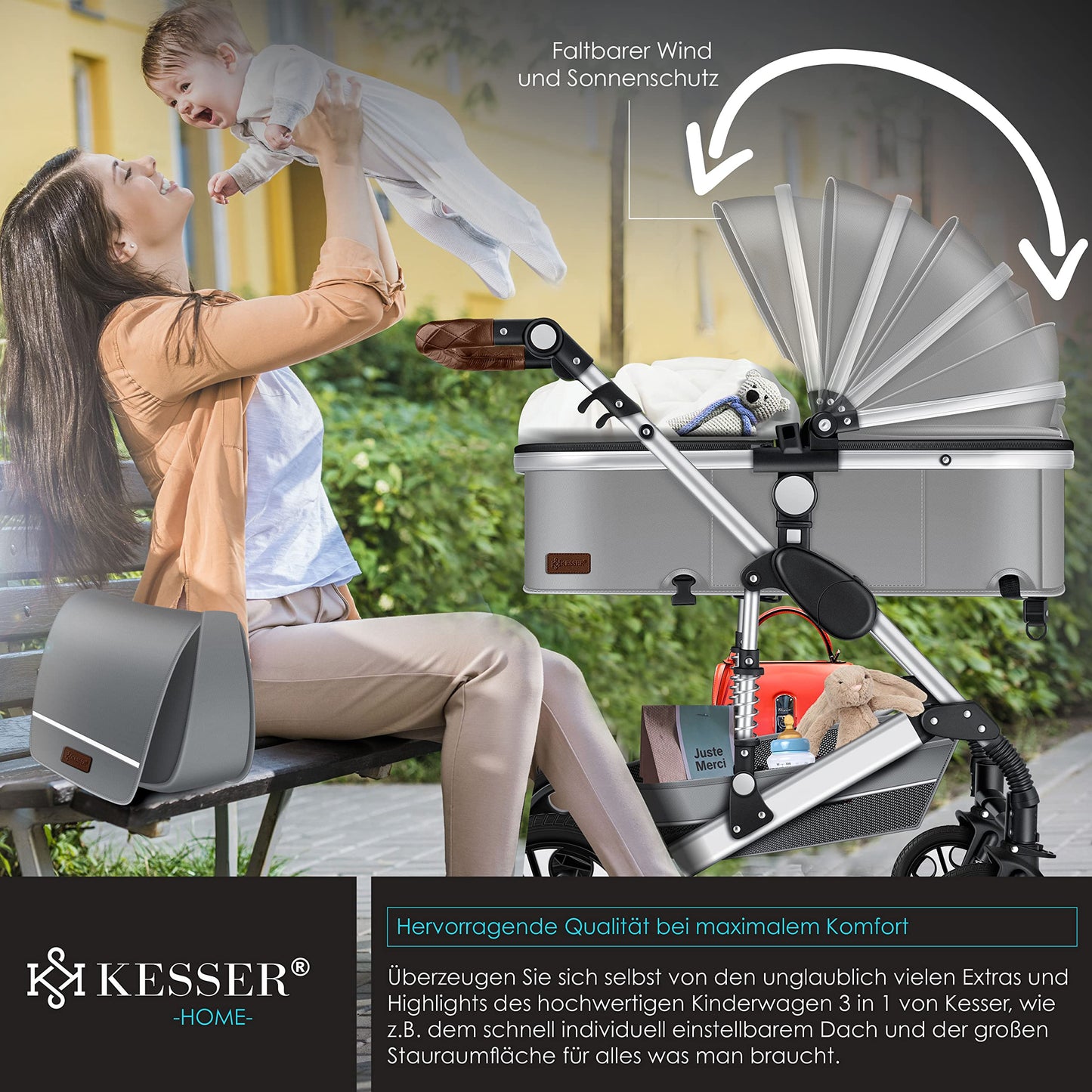 KESSER® Loops 3 in 1 Kinderwagen Kombikinderwagen Komplett-Set inkl. Babywanne & Buggy Sportsitz & Auto-Babyschale Voll-Gummireifen Wickeltasche Regenschutz Kindertisch ECE R129, Schwarz/Champagne - Meloni2