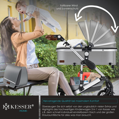 KESSER® Loops 3 in 1 Kinderwagen Kombikinderwagen Komplett-Set inkl. Babywanne & Buggy Sportsitz & Auto-Babyschale Voll-Gummireifen Wickeltasche Regenschutz Kindertisch ECE R129, Schwarz/Champagne - Meloni2