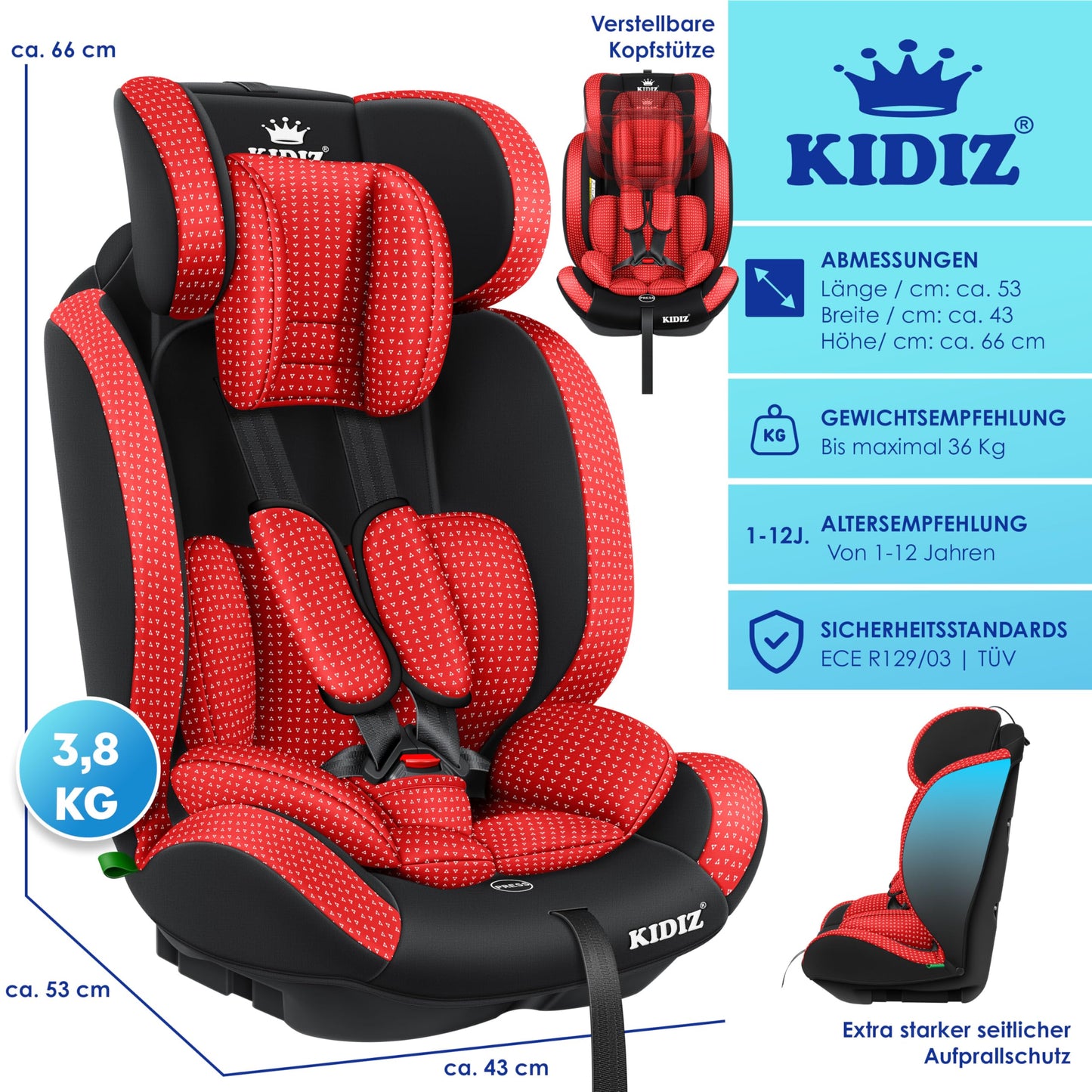 KIDIZ® Autokindersitz Triangle Premium Kindersitz Kinderautositz | Autositz Sitzschale | 9 kg - 36 kg 1-12 Jahre | Gruppe 1/2/3 | universal | zugelassen nach ECE R129/03 | mit Isofix