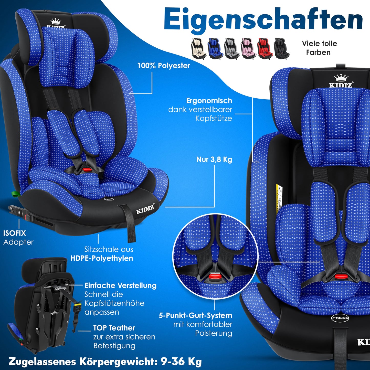 KIDIZ® Autokindersitz Triangle Premium Kindersitz Kinderautositz | Autositz Sitzschale | 9 kg - 36 kg 1-12 Jahre | Gruppe 1/2/3 | universal | zugelassen nach ECE R129/03 | mit Isofix