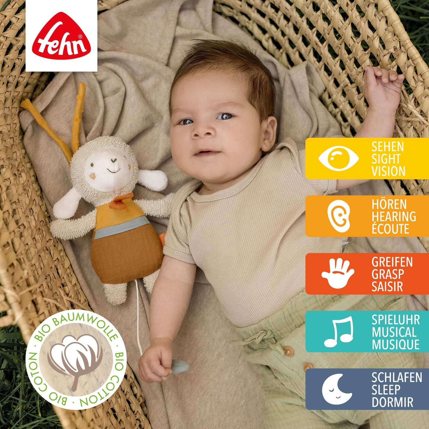 Fehn Mini-Spieluhr Fee – Kuscheltier & Einschlafhilfe: Aufzieh-Spieluhr mit sanfter Melodie „Schwanensee“ beruhigt in jeder Situation – für Babys und Kleinkinder ab 0+ Monaten