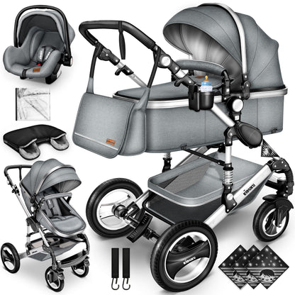 KIDUKU® 3 in 1 Kinderwagen Komplettset | Kombikinderwagen Set inkl. Babywanne & Buggy Sportsitz & Auto-Babyschale Fußsack | Vollgummireifen Wickeltasche Handwärmer Regenschutz Kindertisch ECE R129