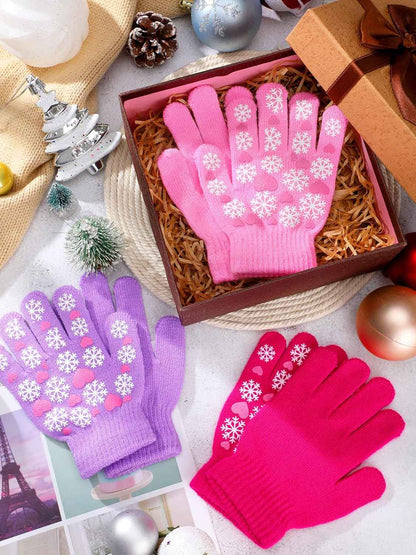 Geyoga 3 Paar Kinder Handschuhe Kleinkind Vollfinger Strickhandschuhe für 5-10 Jährig Kinder Mädchen (Lila, Rosa, Rosarot)