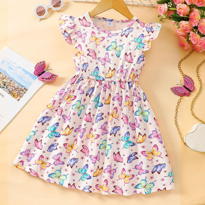 EULLA Kinder Mädchen Kleid Kurzarm Lässig A-Linie Regenbogenstreifen Erdbeere Marienkäfer Schmetterling Kleider Gr.92 98 104 110 116 122