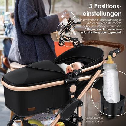 KESSER® Loops 3 in 1 Stroller Combi Stroller Complete Set including Carrycot &amp; Buggy Sports Seat &amp; Car Seat Solid Rubber Tires Changing Bag Rain Cover Children's Table ECE R129, Black/Champagne 