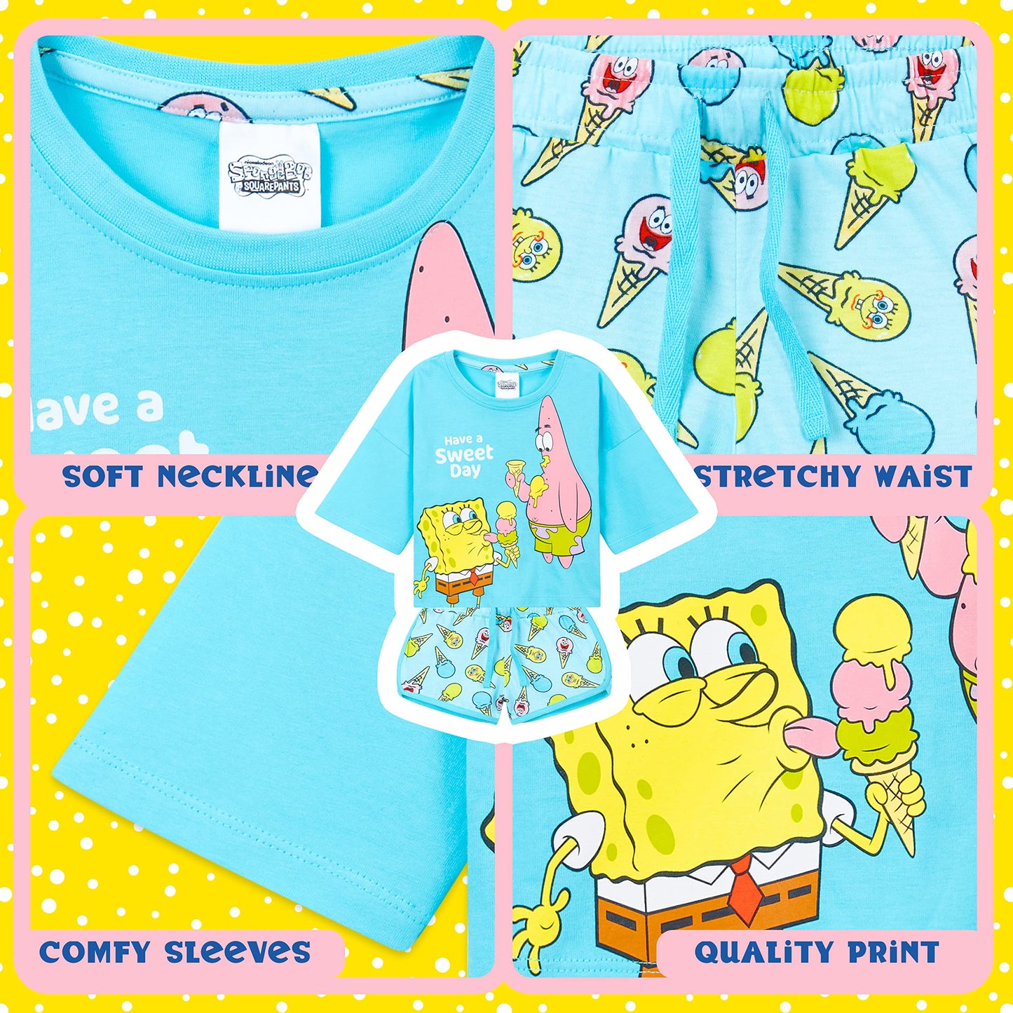 SPONGEBOB SQUAREPANTS Pyjama Kinder Teenager Weiche Mädchen Schlafanzug Kurz Sommer Lounge Set Geschenk für Mädchen
