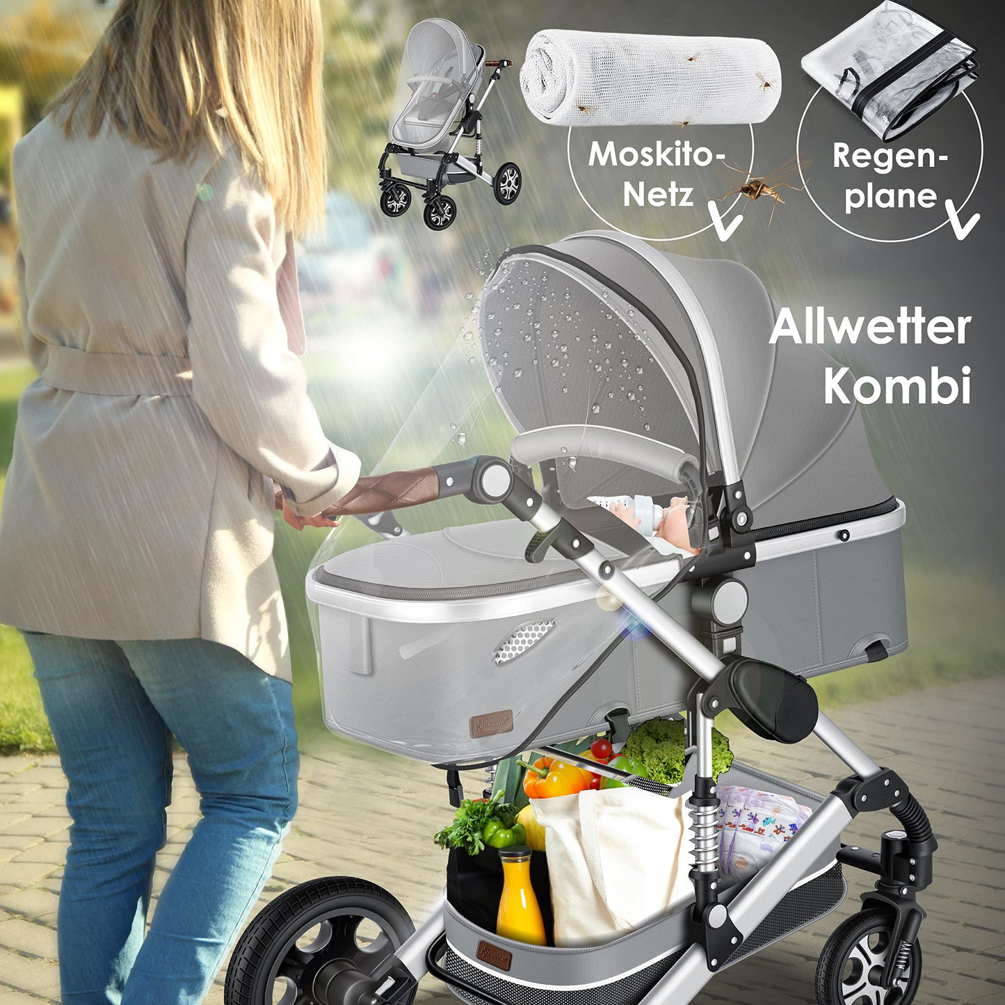 KESSER® Loops 3 in 1 Kinderwagen Kombikinderwagen Komplett-Set inkl. Babywanne & Buggy Sportsitz & Auto-Babyschale Voll-Gummireifen Wickeltasche Regenschutz Kindertisch ECE R129, Schwarz/Champagne - Meloni2
