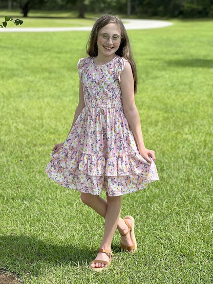 Arshiner Girls Dresses Flutter Sleeves Kids Summer Cotton Formal Dress A-Line Waist Lace-up Casual Dress Swing Dress Elegant Sleeveless Dress for Girls 5-13 Years 