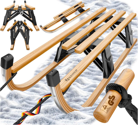 KESSER® Wooden Sledge Premium Children's Folding Sledge Made of Beech Wood Including Pull Rope Slider Metal Runners