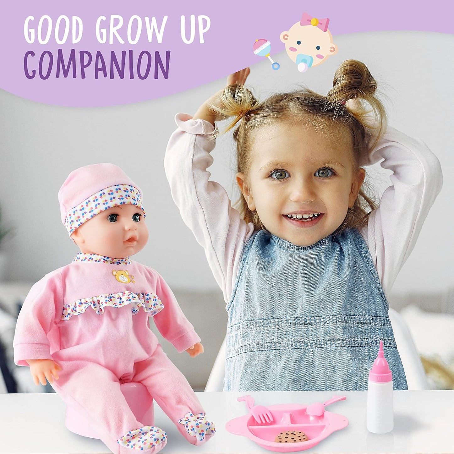Toy Choi's Baby Puppe – Sprechende 40cm Puppen für Mädchen ab 2 Jahren mit Geräuschen und lustigem Fütterungszubehör, weiches Babypuppen Spielzeug für Kleinkinder und Kinder