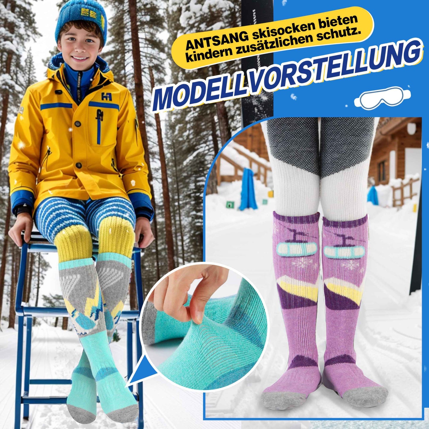 ANTSANG Kinder Merino Woll Skisocken Jungen Mädchen Thermisch Dick Warm Winter Gemütlich Kniehohe Socken zum Skifahren Snowboarden 3 Paar