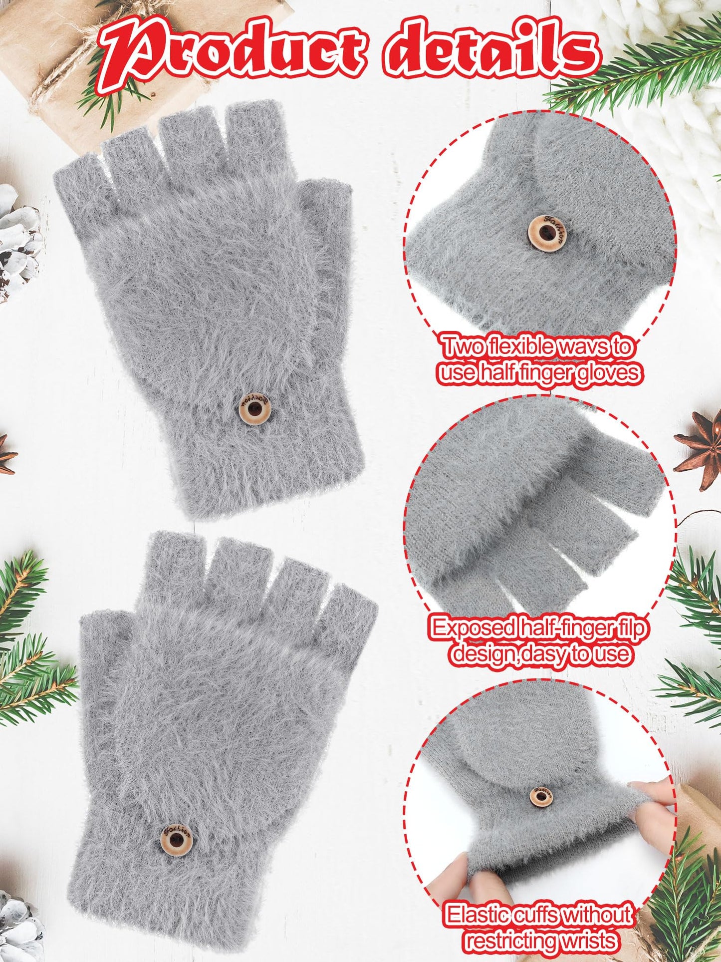 Geyoga 3er Pack Fingerlose Handschuhe mit Klappe Damen Winter Halbfinger Fäustlinge Handschuhe für Kinder
