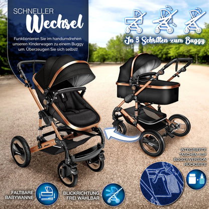 KIDUKU® 3 in 1 Kinderwagen Komplettset | Kombikinderwagen Set inkl. Babywanne & Buggy Sportsitz & Auto-Babyschale Fußsack | Vollgummireifen Wickeltasche Handwärmer Regenschutz Kindertisch ECE R129