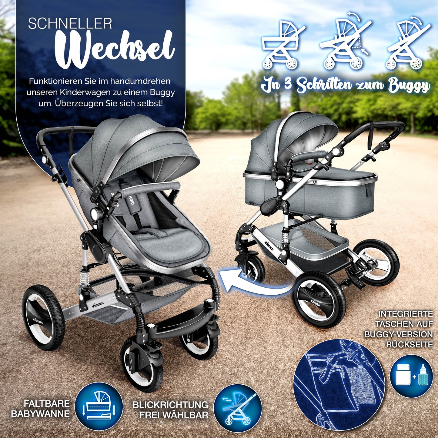 KIDUKU® 3 in 1 Kinderwagen Komplettset | Kombikinderwagen Set inkl. Babywanne & Buggy Sportsitz & Auto-Babyschale Fußsack | Vollgummireifen Wickeltasche Handwärmer Regenschutz Kindertisch ECE R129