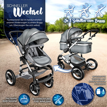 KIDUKU® 3 in 1 Kinderwagen Komplettset | Kombikinderwagen Set inkl. Babywanne & Buggy Sportsitz & Auto-Babyschale Fußsack | Vollgummireifen Wickeltasche Handwärmer Regenschutz Kindertisch ECE R129