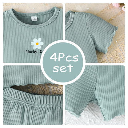 Kleinkind Baby Mädchen Kleidung Set Rüschen gerippt Kurzarm / Langarm T-Shirt Tops + Shorts Hosen 4 Stück Sommer Herbst Süße Outfits Set