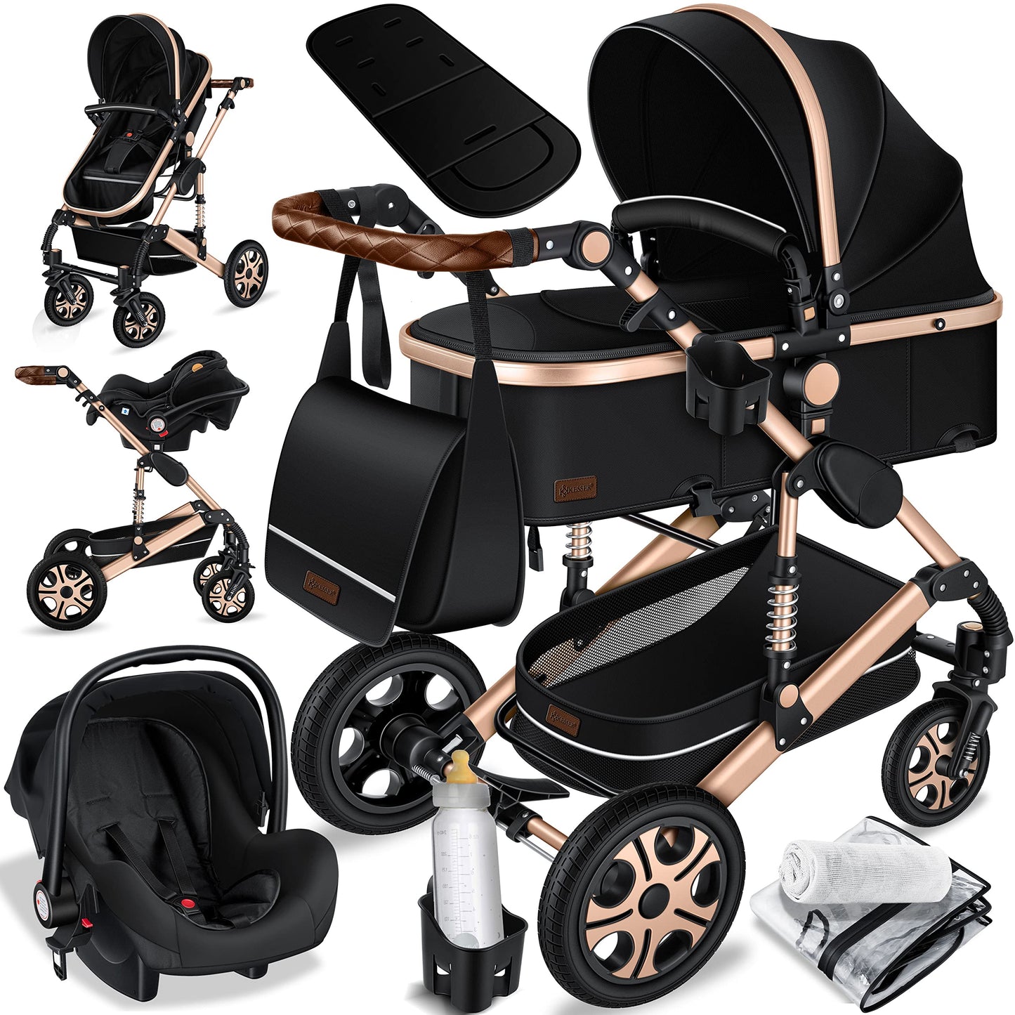KESSER® Loops 3 in 1 Kinderwagen Kombikinderwagen Komplett-Set inkl. Babywanne & Buggy Sportsitz & Auto-Babyschale Voll-Gummireifen Wickeltasche Regenschutz Kindertisch ECE R129, Schwarz/Champagne - Meloni2