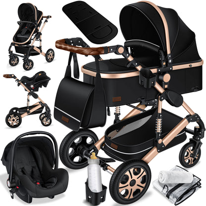 KESSER® Loops 3 in 1 Kinderwagen Kombikinderwagen Komplett-Set inkl. Babywanne & Buggy Sportsitz & Auto-Babyschale Voll-Gummireifen Wickeltasche Regenschutz Kindertisch ECE R129, Schwarz/Champagne - Meloni2
