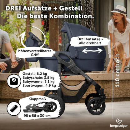 Bergsteiger Capri 3-in-1 Combination Pushchair - Baby Carrier, Sports Seat & i-Size Baby Seat, Pneumatic Tyres, Suspension, Height-Adjustable Handle, Foldable, Accessories