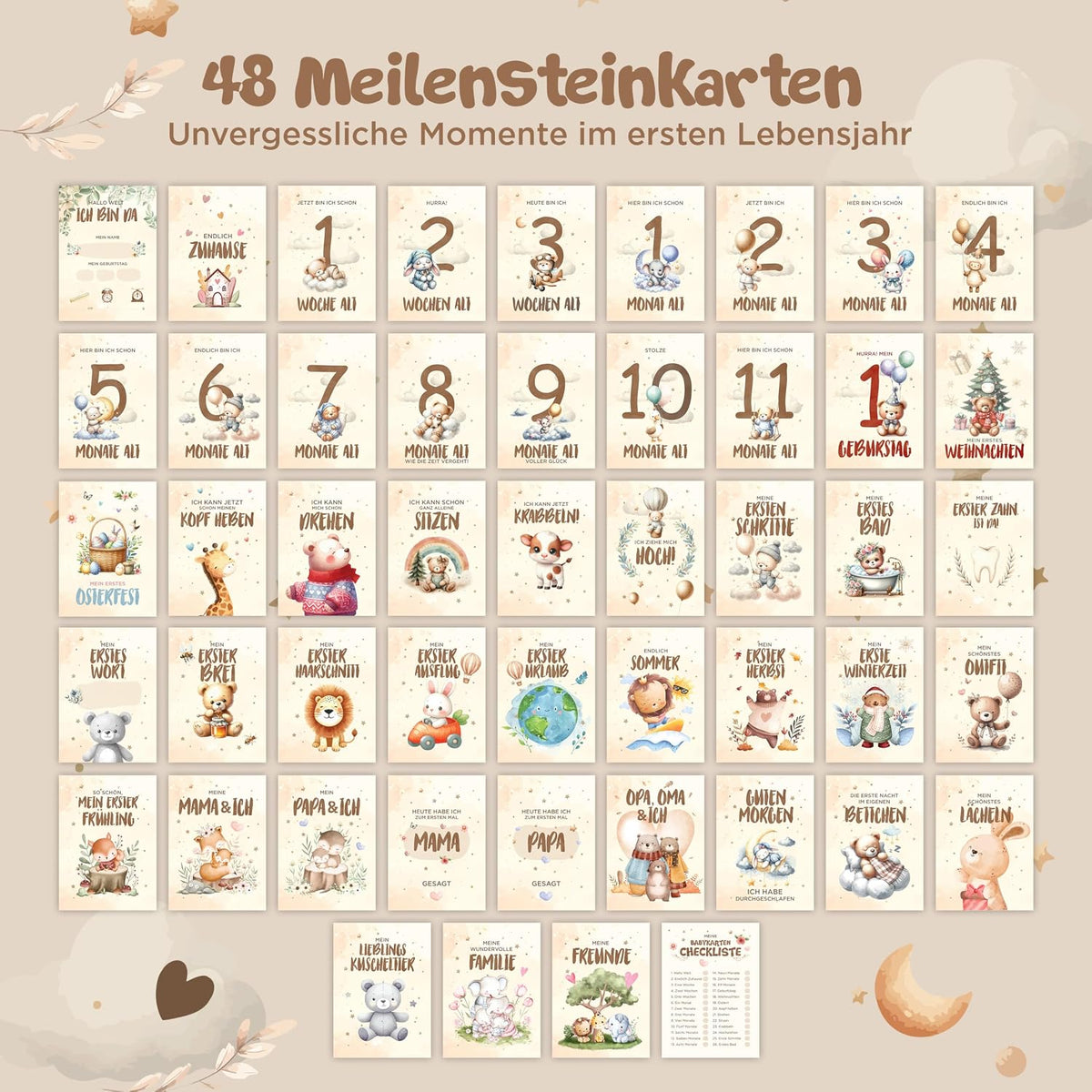 Meilensteinkarte Baby 48 Monatskarten für Jungen & Mädchen mit beschreibaren Rückseiten, Geschenk zur Geburt & Babyparty, Boho Meilensteine Erinnerungen festhalten, Von Pädagogen gestaltet