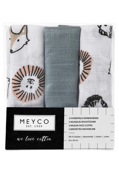 Meyco 457019 Mull/Musselin Spucktücher 3er Set, 30x30cm ANIMAL-UNI Stone Green-Weiss