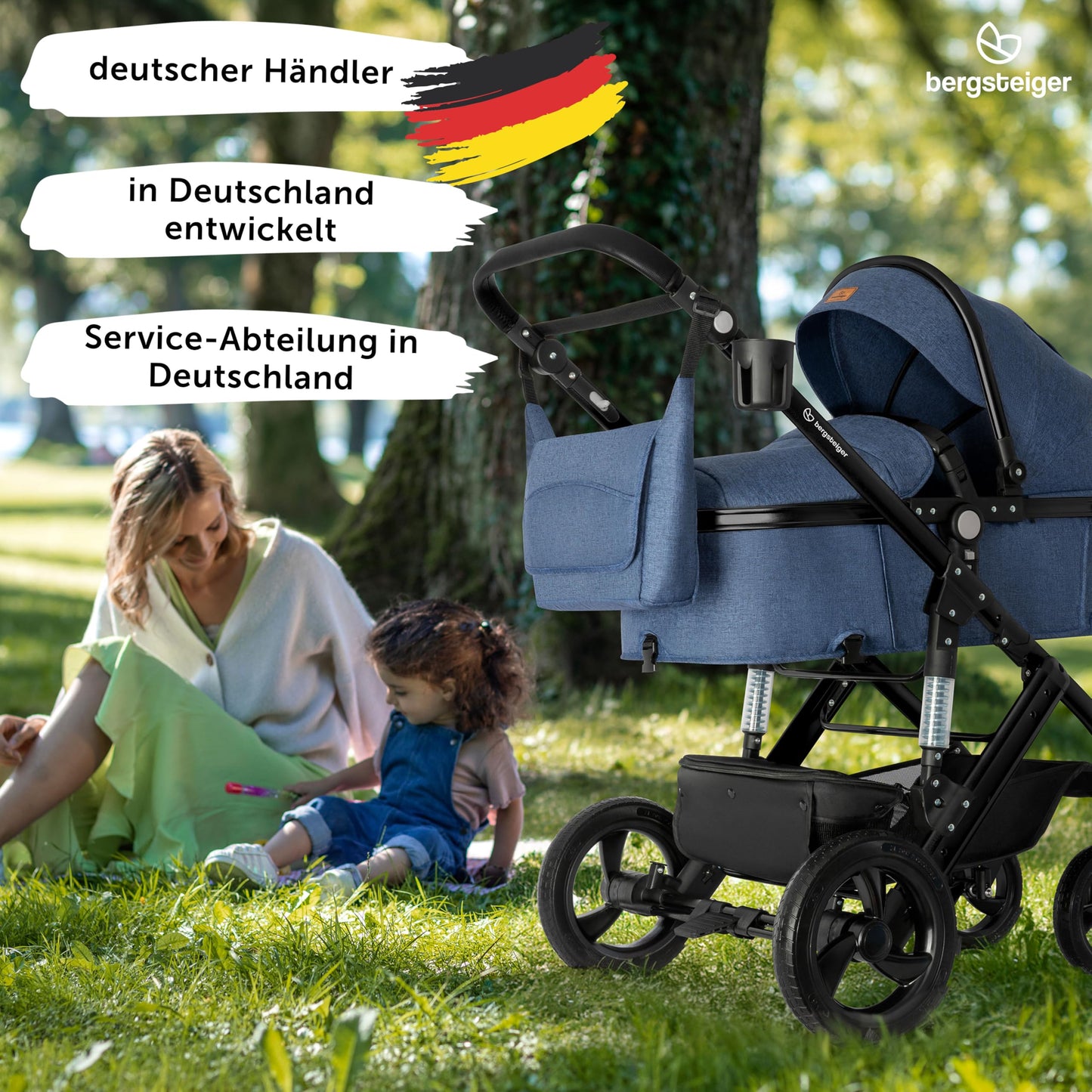 Bergsteiger Nizza 3 in 1 Kinderwagen, Kombikinderwagen Komplettset, Auto-Babyschale & Isofix Station, Babywanne & Buggy Sportsitz inklusive