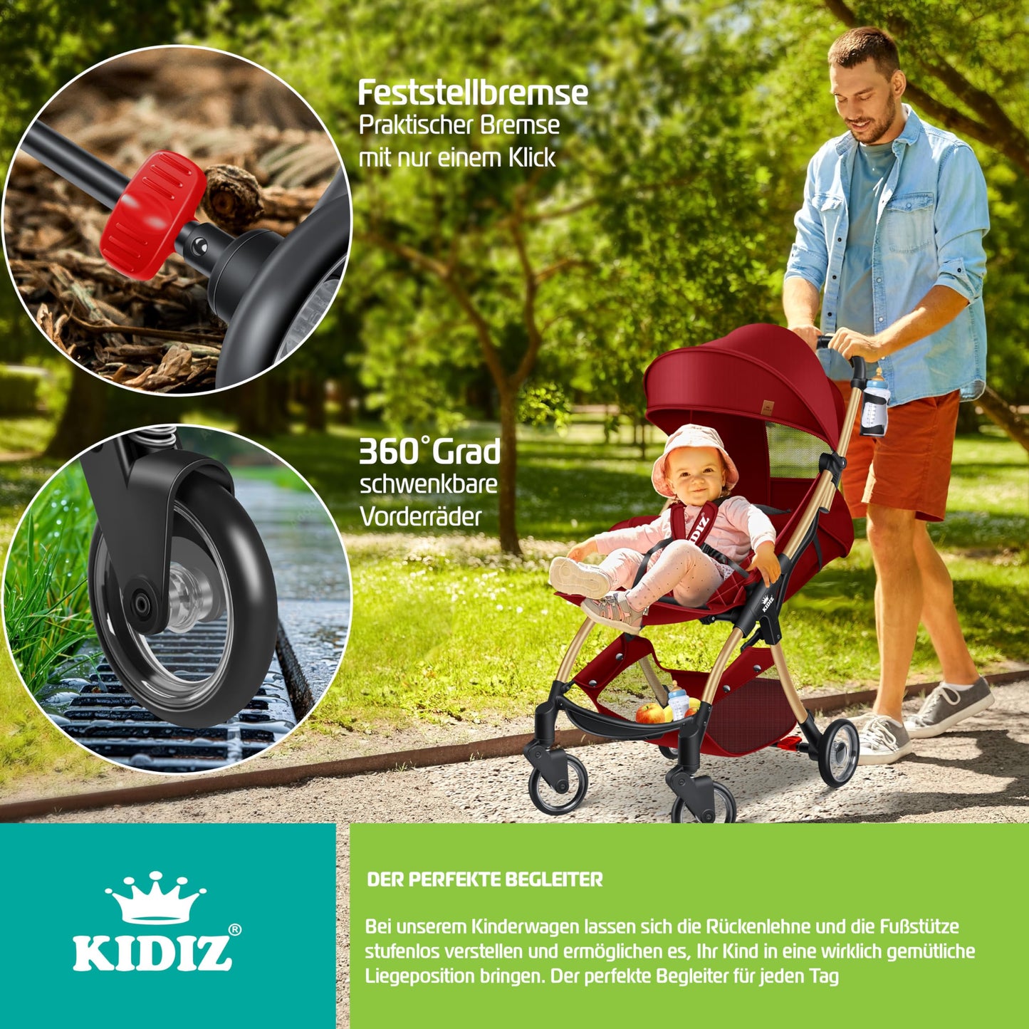 KIDIZ® Folding Pushchair, Sports Pram, 360° Wheels, 5-Point Harness, incl. Drinks Holder, Rain Cover, Adjustable Backrest and Sun Canopy, Red