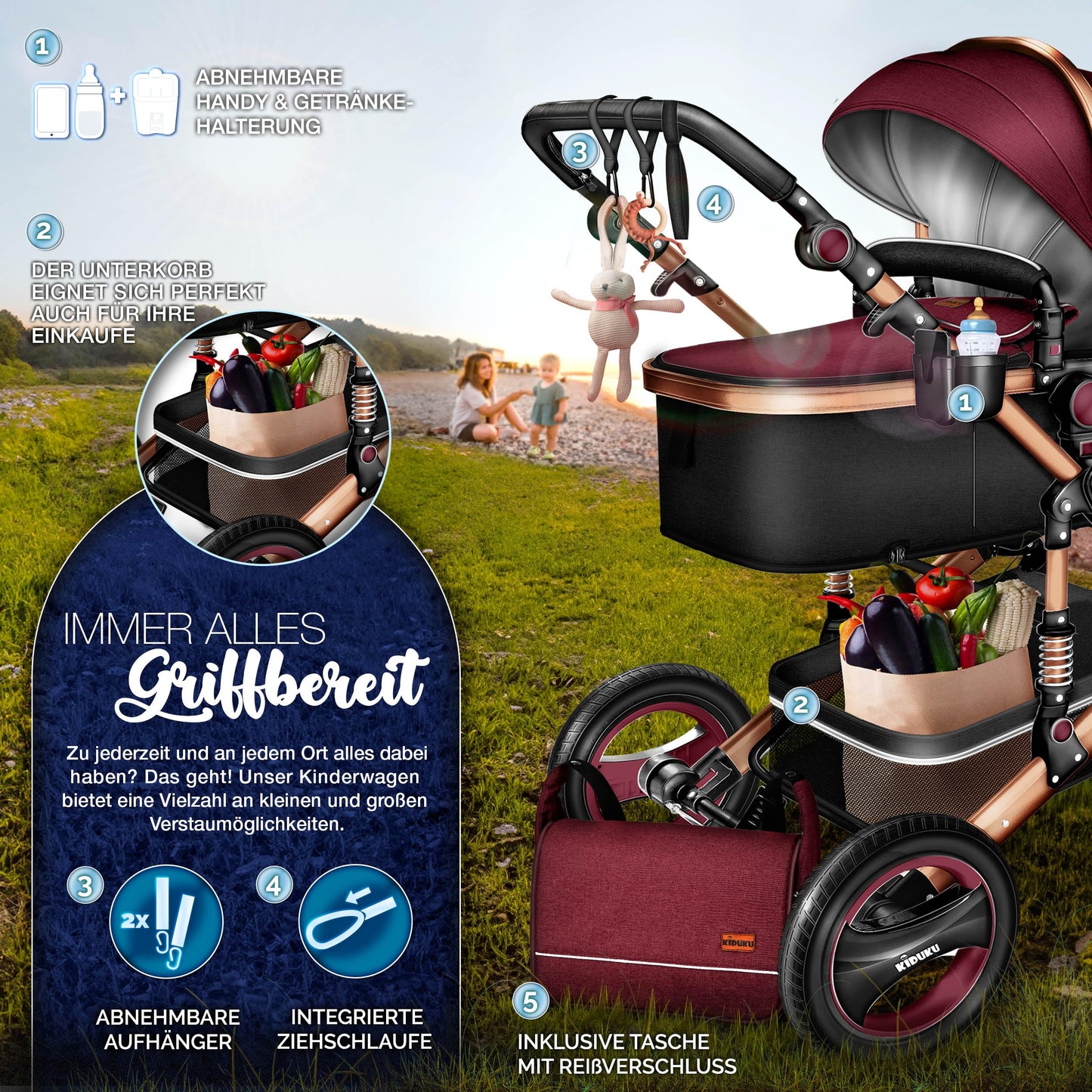 KIDUKU® 3 in 1 Kinderwagen Komplettset | Kombikinderwagen Set inkl. Babywanne & Buggy Sportsitz & Auto-Babyschale Fußsack | Vollgummireifen Wickeltasche Handwärmer Regenschutz Kindertisch ECE R129