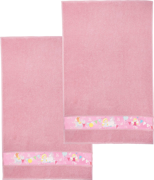 Erwin Müller Kinder-Waschhandschuh, Waschlappen, Frottier 2er-Pack rosa Größe 16x21 cm - angenehm weich, saugstark, langlebig, mit Webbordüre, Stickerei Elfen