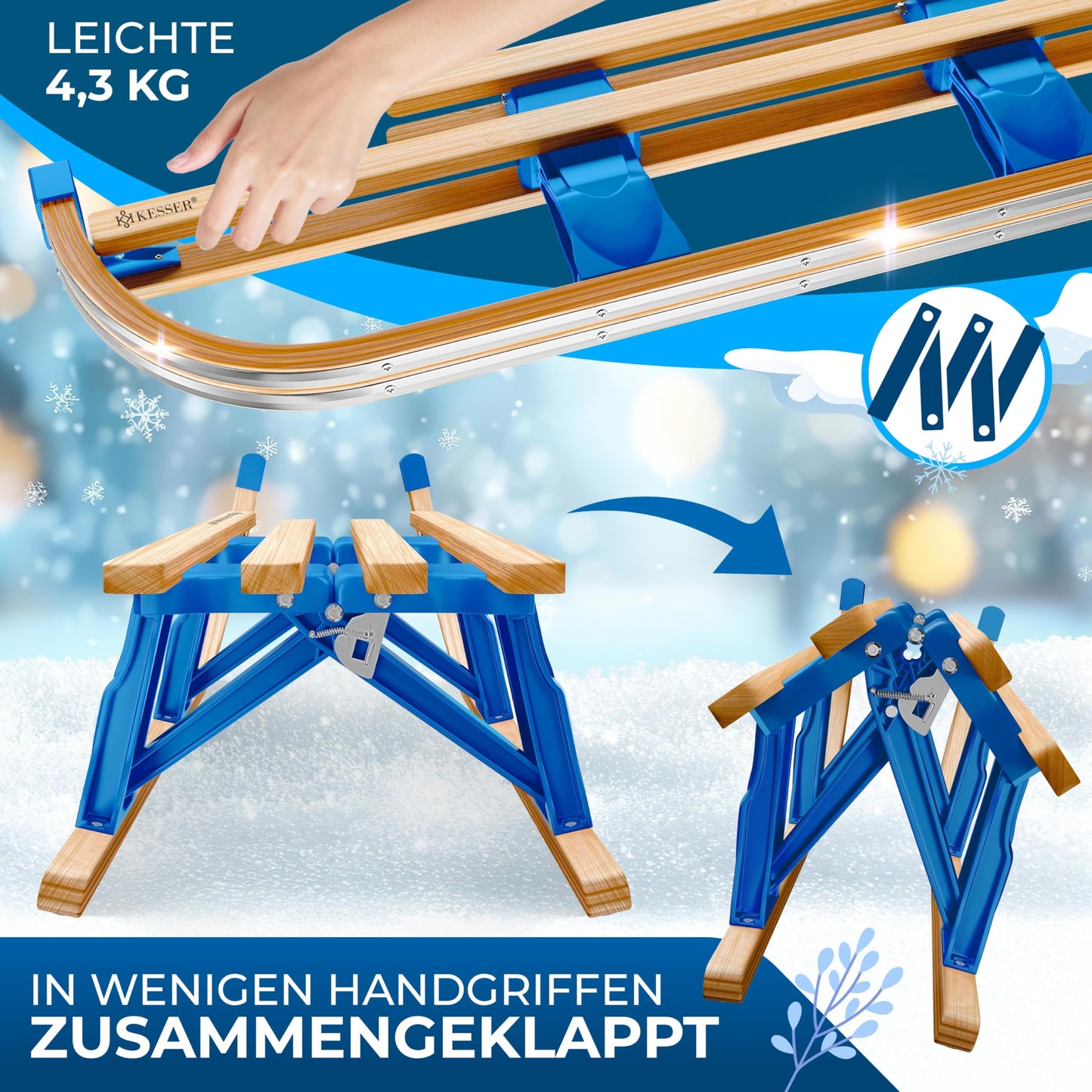 KESSER® Wooden Sledge Premium Children's Folding Sledge Made of Beech Wood Including Pull Rope Slider Metal Runners