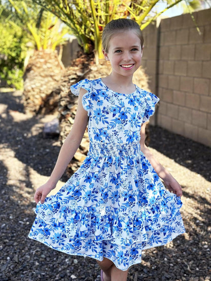 Arshiner Girls Dresses Flutter Sleeves Kids Summer Cotton Formal Dress A-Line Waist Lace-up Casual Dress Swing Dress Elegant Sleeveless Dress for Girls 5-13 Years 