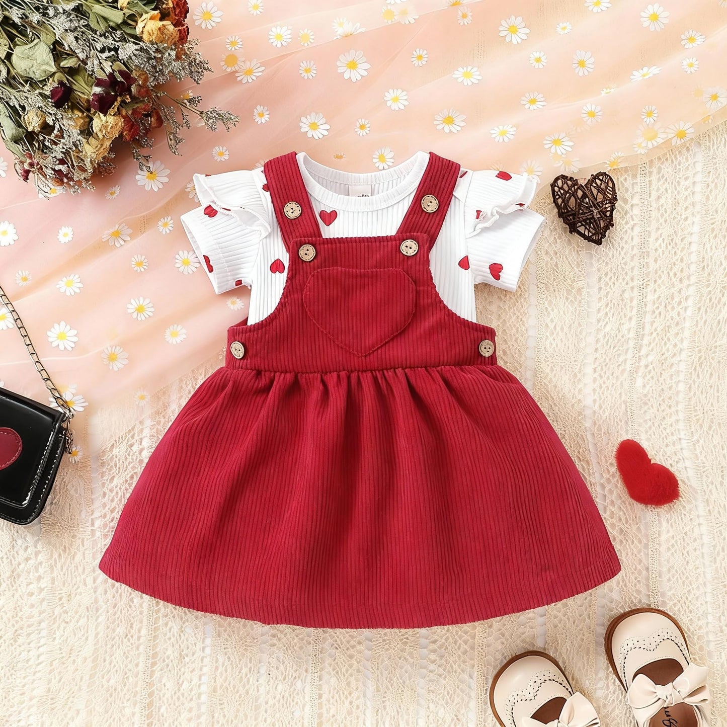 Baby Kleidung Mädchen Neugeborene Kleidung Rüschen Baby Strampler Hosenträger Rock Kleidung Sets für Baby Mädchen Valentinstag Baby Geschenk Babys Valentinstag Outfit Mädchen 0-18 Monate