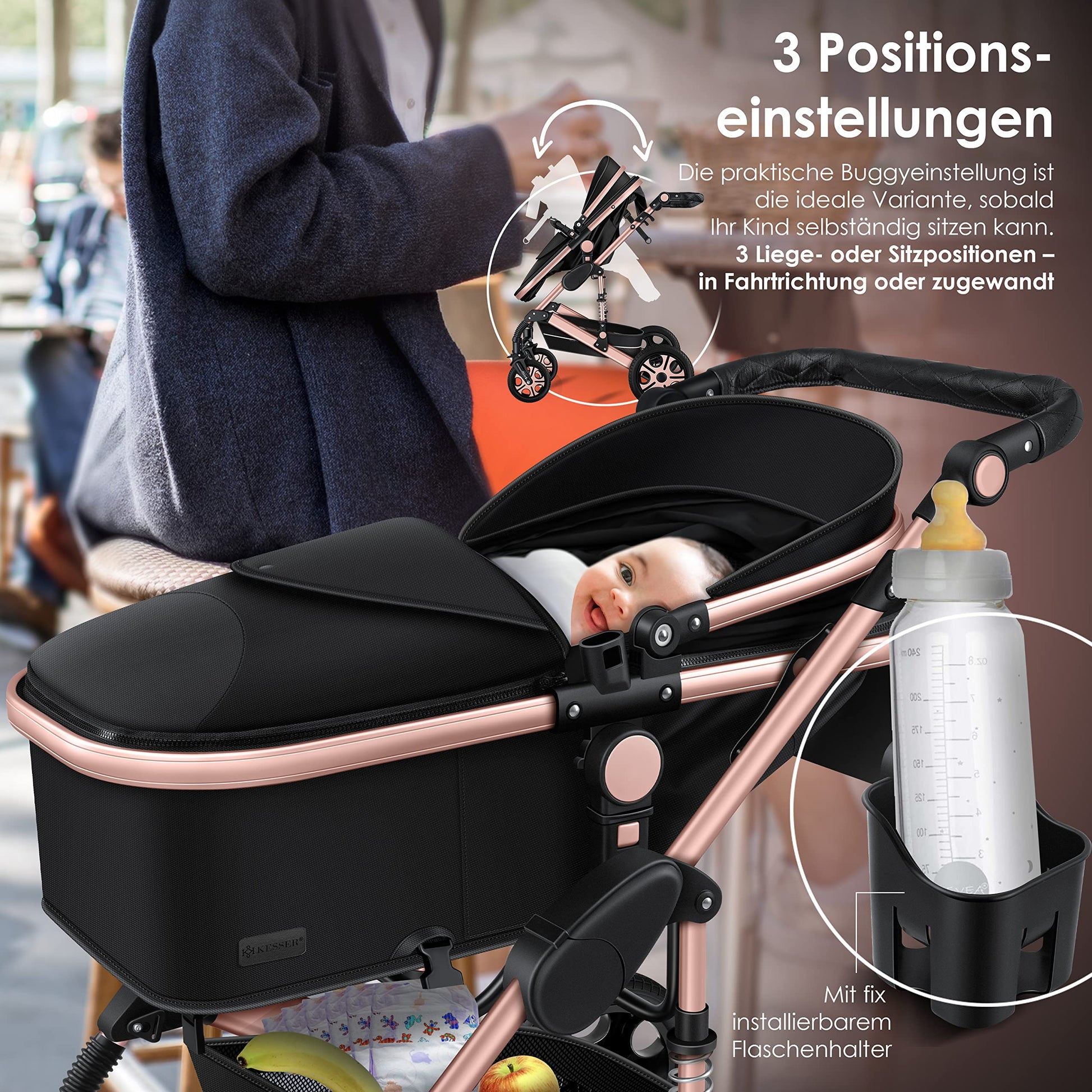 KESSER® Loops 3 in 1 Kinderwagen Kombikinderwagen Komplett-Set inkl. Babywanne & Buggy Sportsitz & Auto-Babyschale Voll-Gummireifen Wickeltasche Regenschutz Kindertisch ECE R129, Schwarz/Champagne - Meloni2