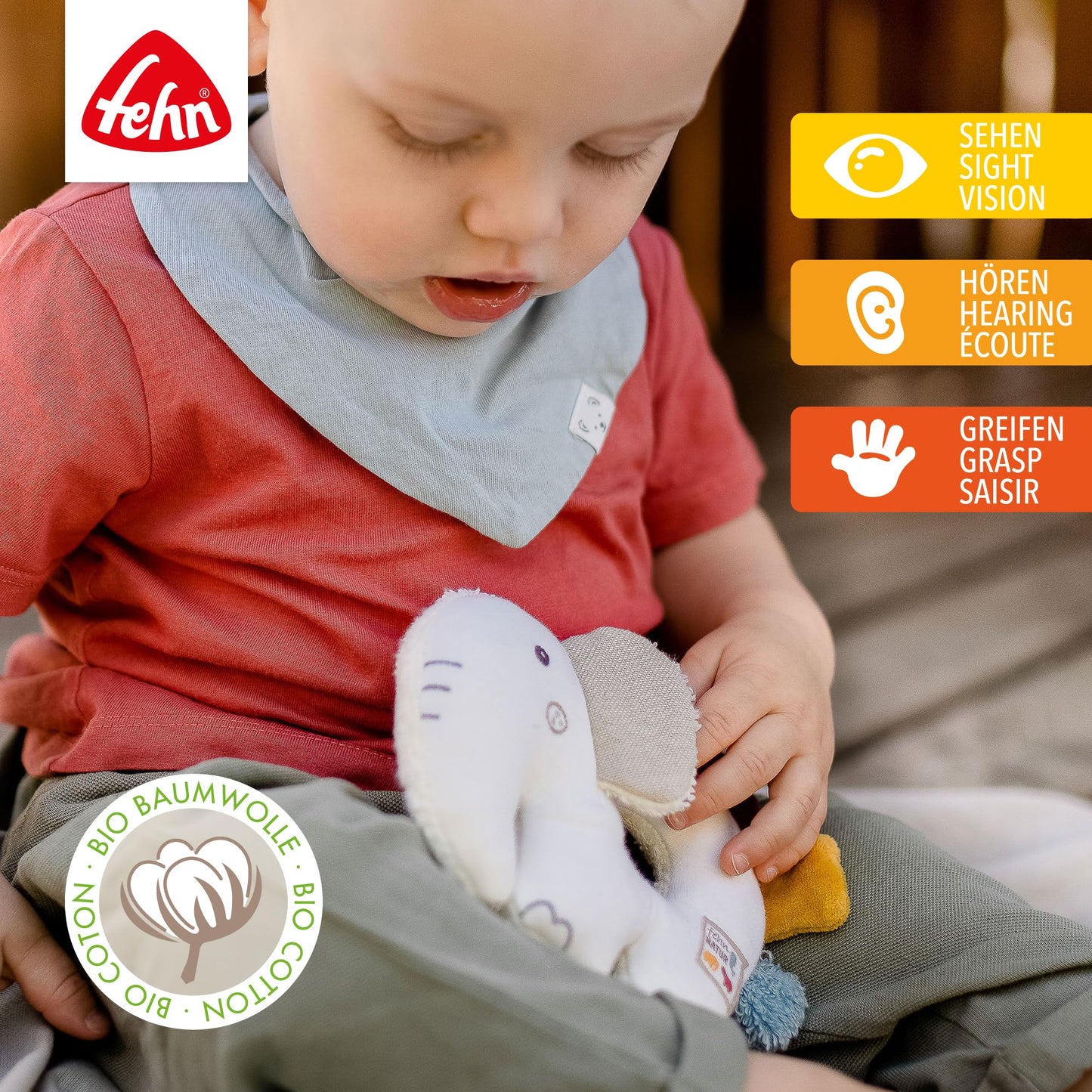 Fehn Baby Ring Greifling Lama - Kuscheltier Babyspielzeug mit Rassel - Motorikspielzeug für das spielerische Lernen - Plüschtier als Einschlafhilfe - Spielzeug für Babys & Kleinkinder ab 0+ Monaten