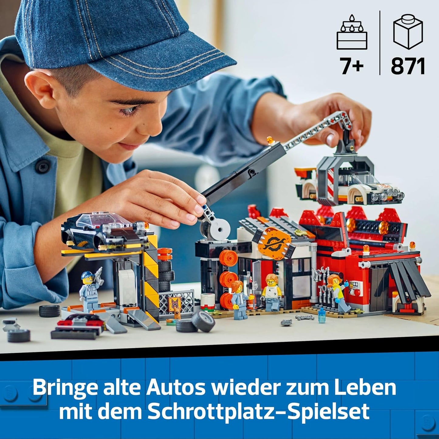 LEGO City Schrottplatz mit Autos - Spielzeug mit Schrottpresse und Kran, 2 Spielzeugautos, 4 Arbeiter Minifiguren & Bürogebäude - Geburtstagsgeschenke für Jungen und Mädchen ab 8 Jahren 60472