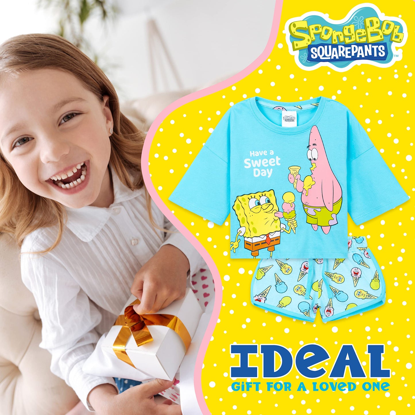 SPONGEBOB SQUAREPANTS Pyjama Kinder Teenager Weiche Mädchen Schlafanzug Kurz Sommer Lounge Set Geschenk für Mädchen