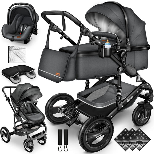KIDUKU® 3-in-1 Stroller Complete Set | Combi Stroller Set including Carrycot &amp; Buggy, Sports Seat &amp; Car Seat, Footmuff | Solid Rubber Tires, Changing Bag, Hand Warmers, Rain Cover, Children's Table, ECE R129 