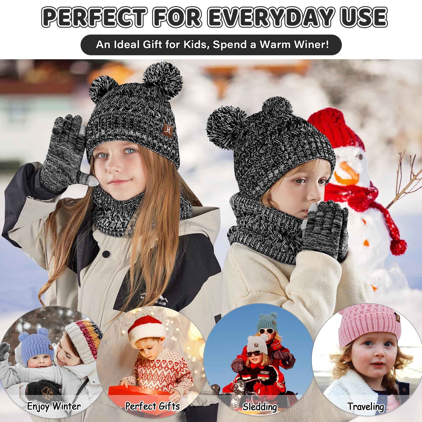 Children's Winter Hat Loop Scarf Touchscreen Gloves Set 2 3 4 5 6 7 Years Toddler Winter Hat Beanie Tube Scarf Knitted Pom Hats Gift Girls Boys