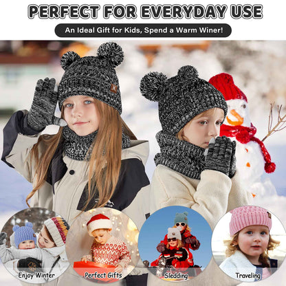 Children's Winter Hat Loop Scarf Touchscreen Gloves Set 2 3 4 5 6 7 Years Toddler Winter Hat Beanie Tube Scarf Knitted Pom Hats Gift Girls Boys